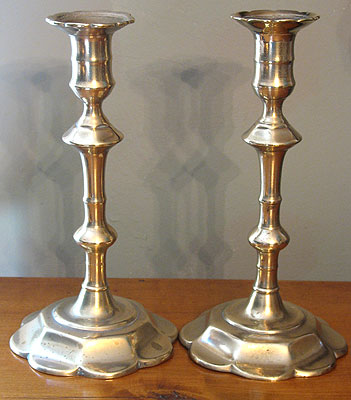 Metalware<br>Archives<br>SOLD  A Fine Pair of Queen Anne Petal Base Candlesticks