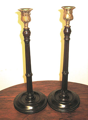 Metalware<br>Candlesticks<br>SOLD  A pair of wood and brass English Candlesticks