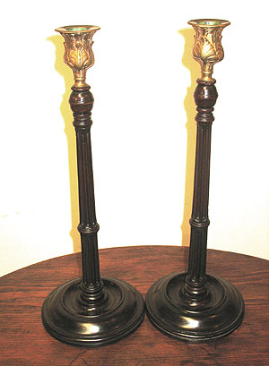 Metalware<br>Candlesticks<br>SOLD  A pair of wood and brass English Candlesticks