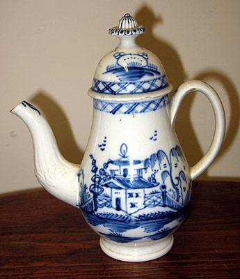 Ceramics<br>18th Century<br>A diminutive Pearlware Blue and White coffeepot