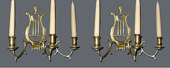 Metalware<br>Archives<br>SOLD  Pair of Lyre-Back Brass Sconces