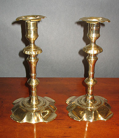 SOLD  Pair of Queen Anne Petal Base Candlesticks