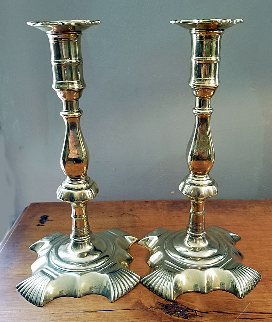 Metalware<br>Candlesticks<br>Pair of Shell Base Brass Candlesticks