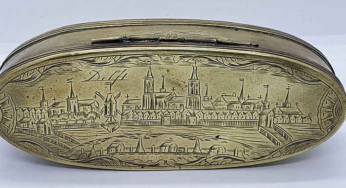 18th century brass tobacco box; city of Delft