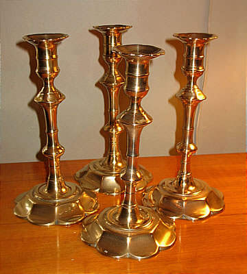 Metalware<br>Archives<br>Rare Set of Four Queen Anne Petal-Base Candlesticks