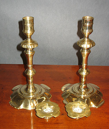 SOLD  Pair of Queen Anne Petal Base Candlesticks