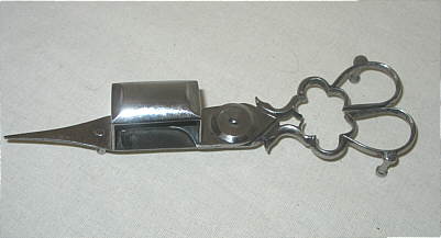 A Tole Tray with Cut Steel Wick Cutter or Snuffer