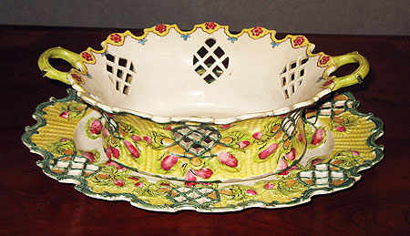 SOLD  Enameled Saltglaze Basket and Stand