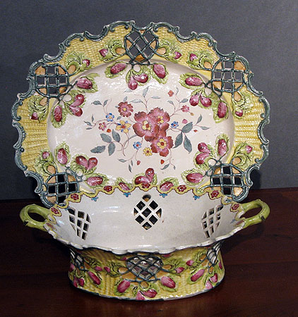 SOLD  Enameled Saltglaze Basket and Stand