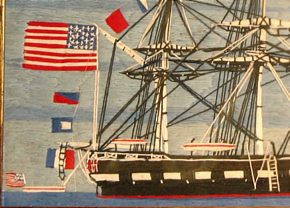 SOLD   Wool Boat Picture with Many American Flags
