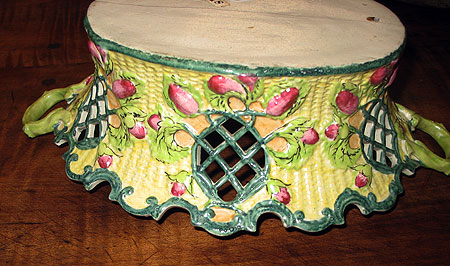 SOLD  Enameled Saltglaze Basket and Stand