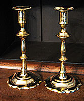 SOLD  Pair of Brass Queen Anne Candlesticks