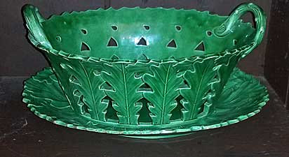 Green glazed basket and tray